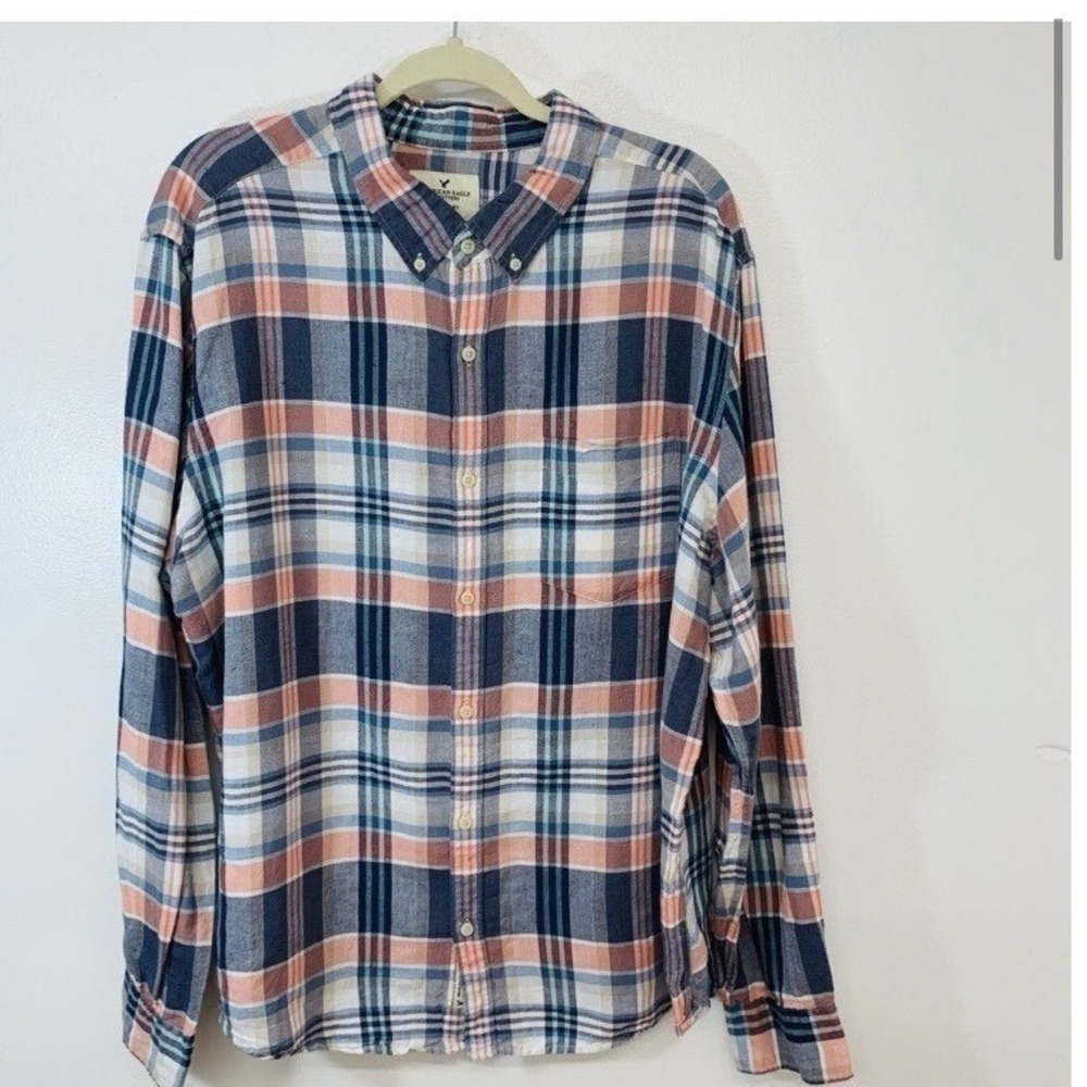 American Eagle Linen Blend Seriously Soft Shirt Men XXL Plaid Blue Long Sleeve